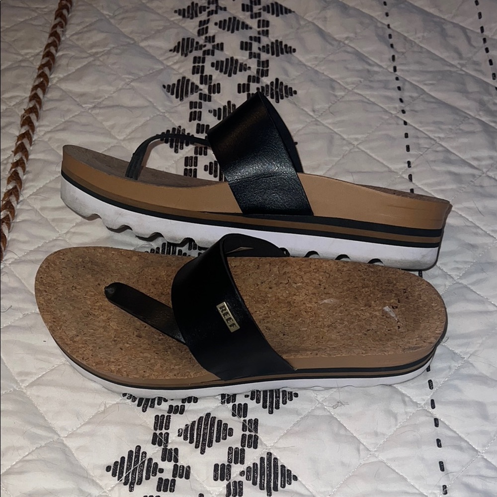 Reef Black Cork Platform Flip Sandals with White Trim